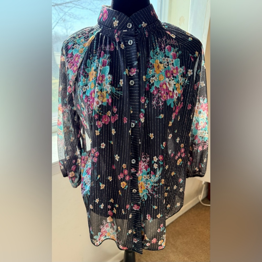 Vintage 90’s sheer black floral button front blouse top gold metallic large - Picture 7 of 12